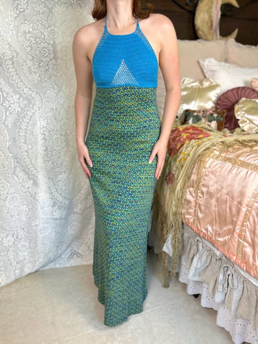 Vintage 70s Crochet Halter Maxi Dress, Blue Green Boho Festival Knit, Open Back